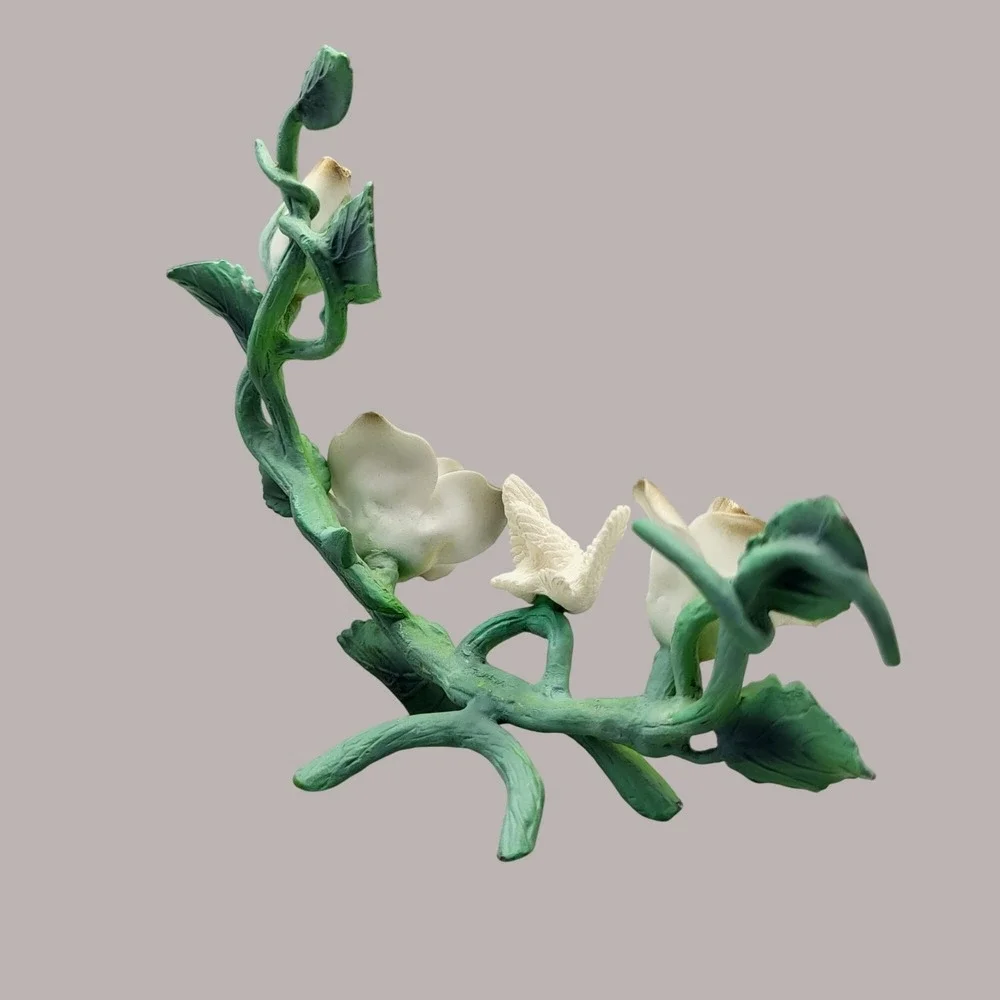 Vintage Metal And Porcelain Floral Figurine White Dove Shelf Decor